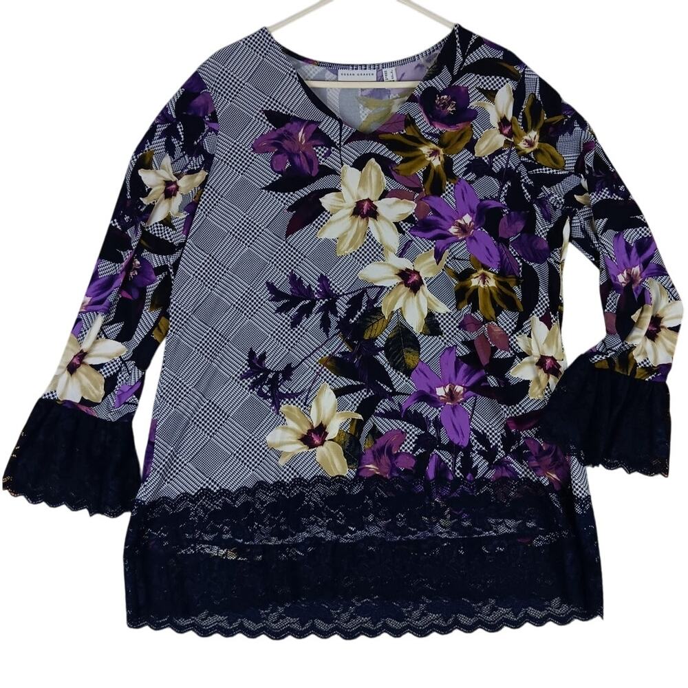Susan Graver Liquid Knit Blouse Womens L Purple/Black Floral Boho Chiffon Ruffle